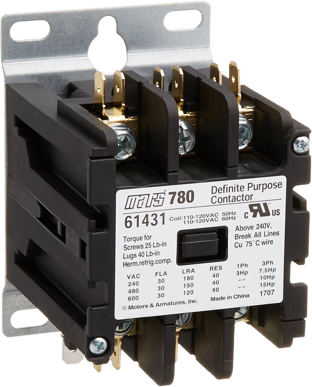 Mars 780 61431 definite purpose contactor 3 pole 30a fla 120v coil with screw terminals