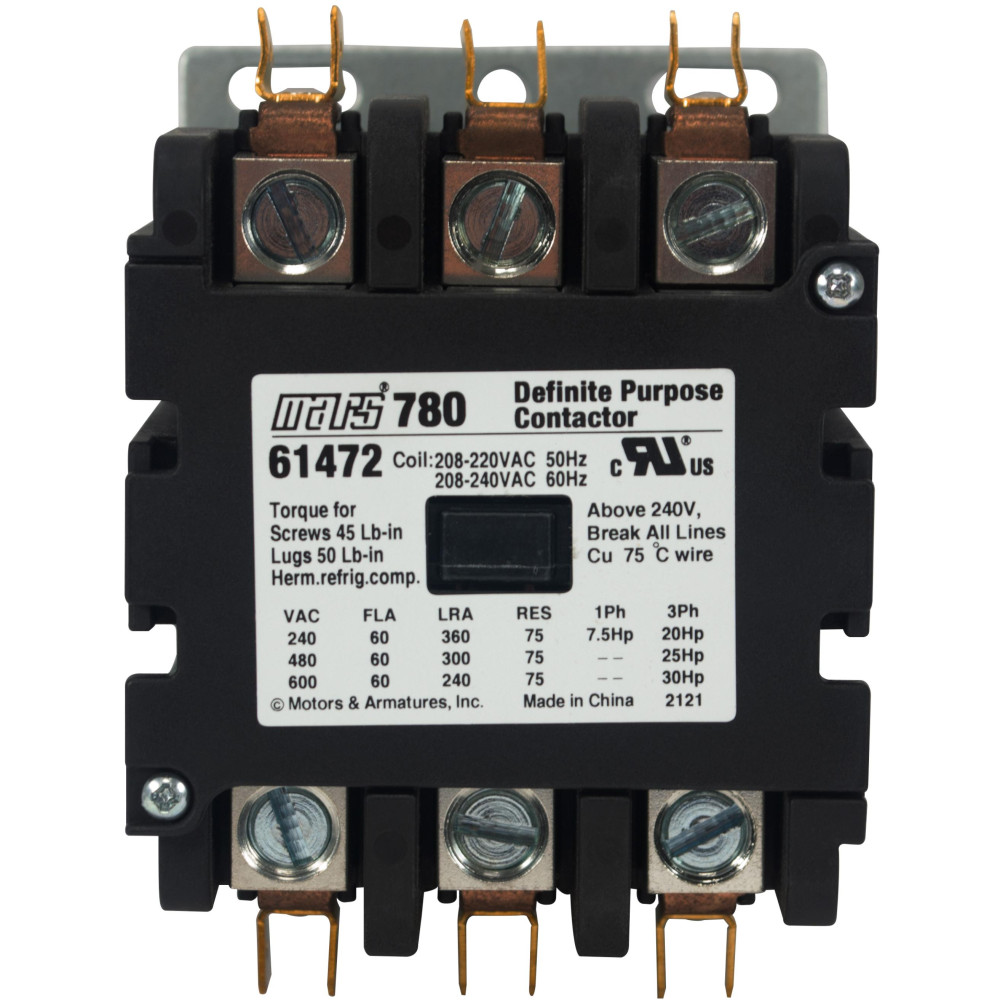 Mars 780 61472 definite purpose contactor 3 pole 60a fla 208 240v coil with box lugs