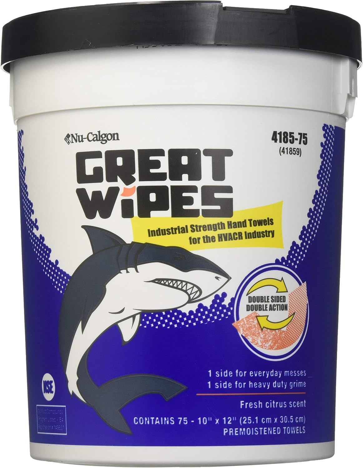 Nu calgon great wipes industrial strength dual sided waterless hand towels 75 count bucket