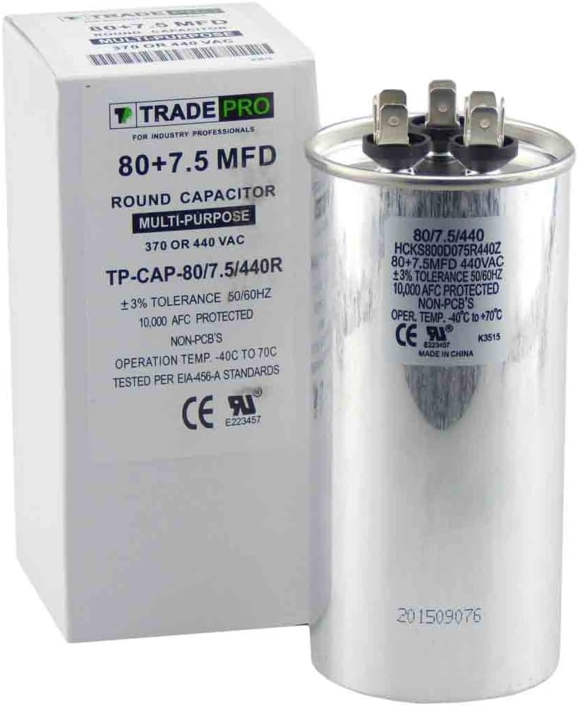 Tradepro 80 7.5 mfd 370v 440v round dual run capacitor