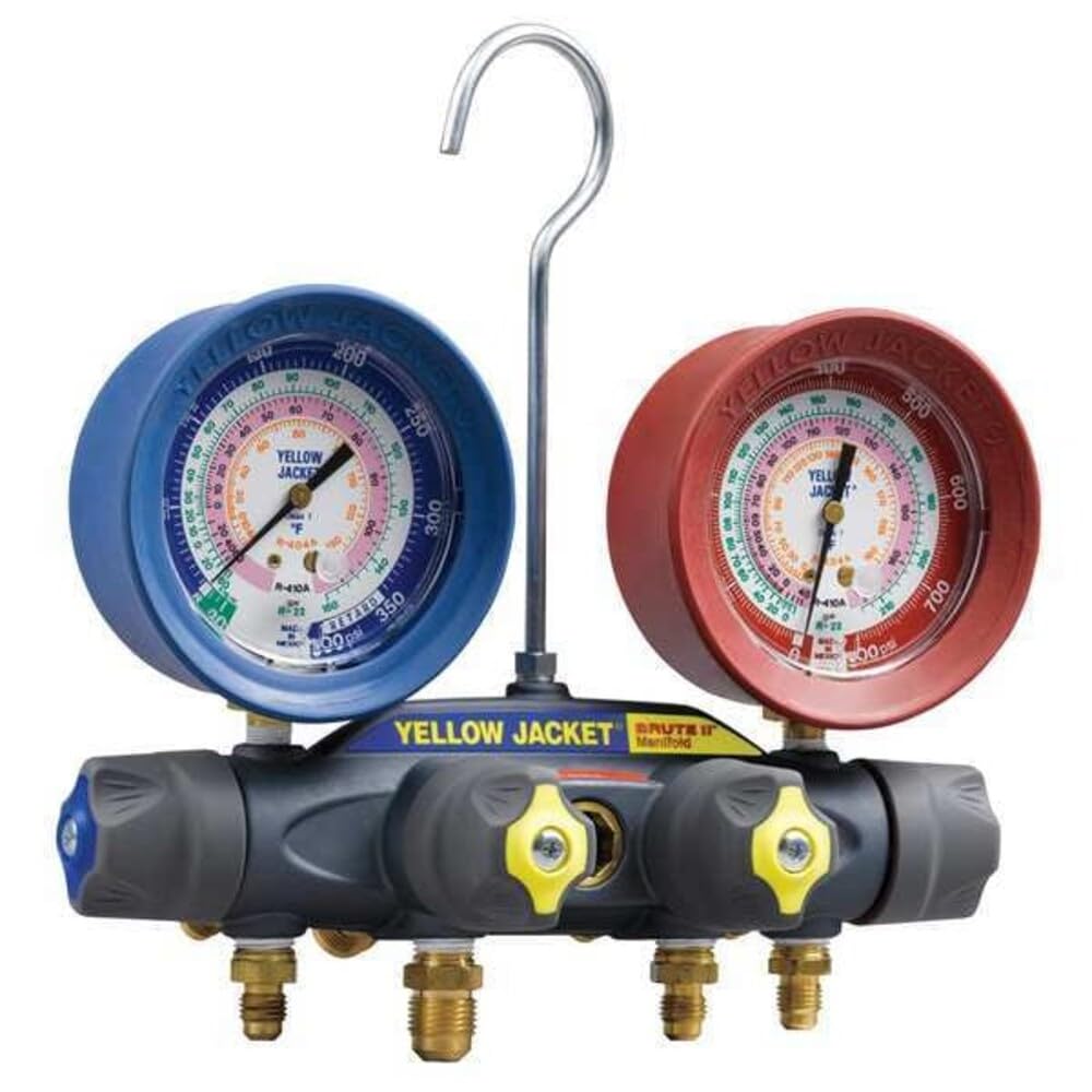 Yellow jacket brute ii 4 valve forged aluminum charging manifold with bar psi gauges