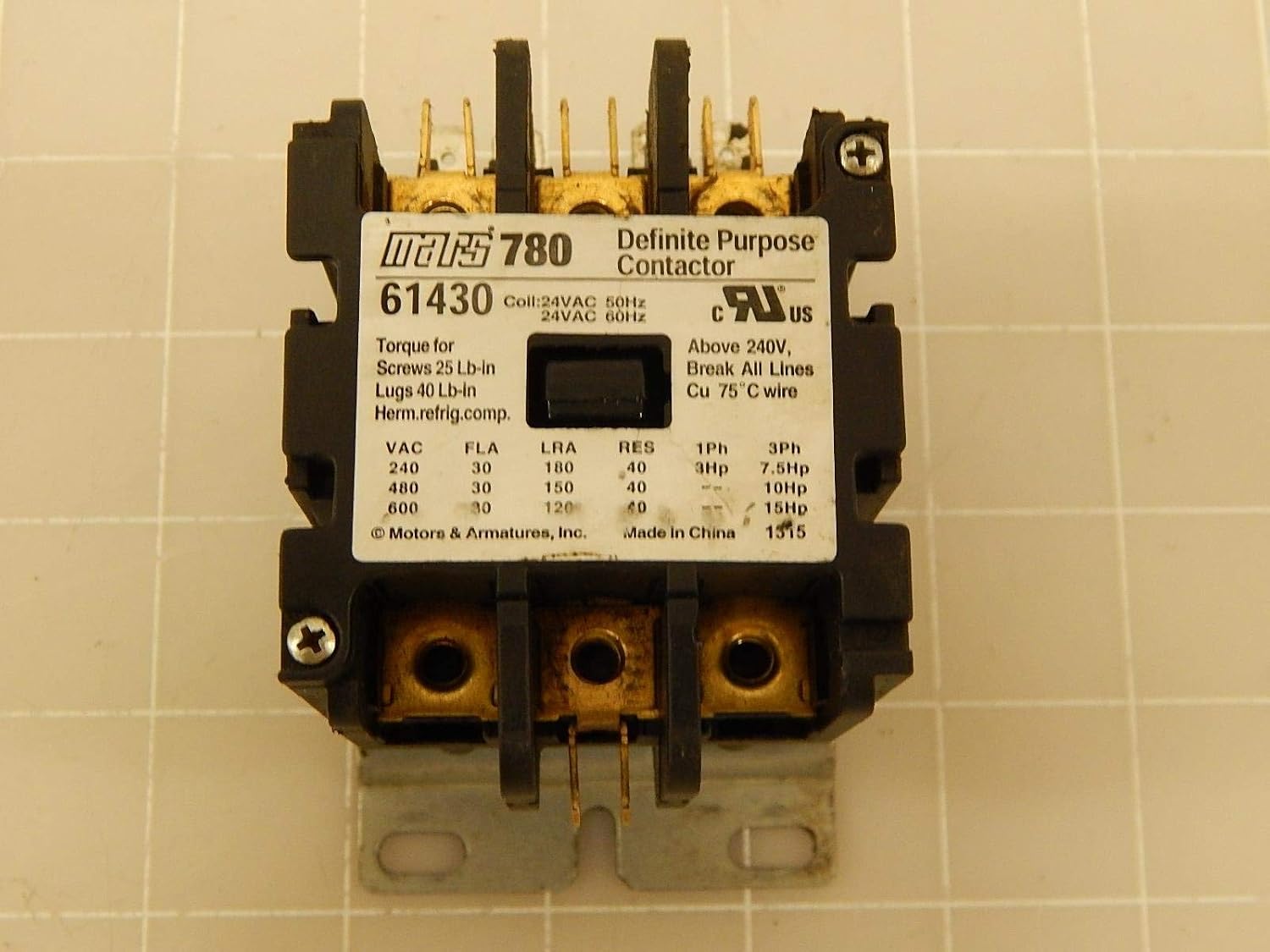 Mars 780 definite purpose contactor 3 pole 30 fla 24v